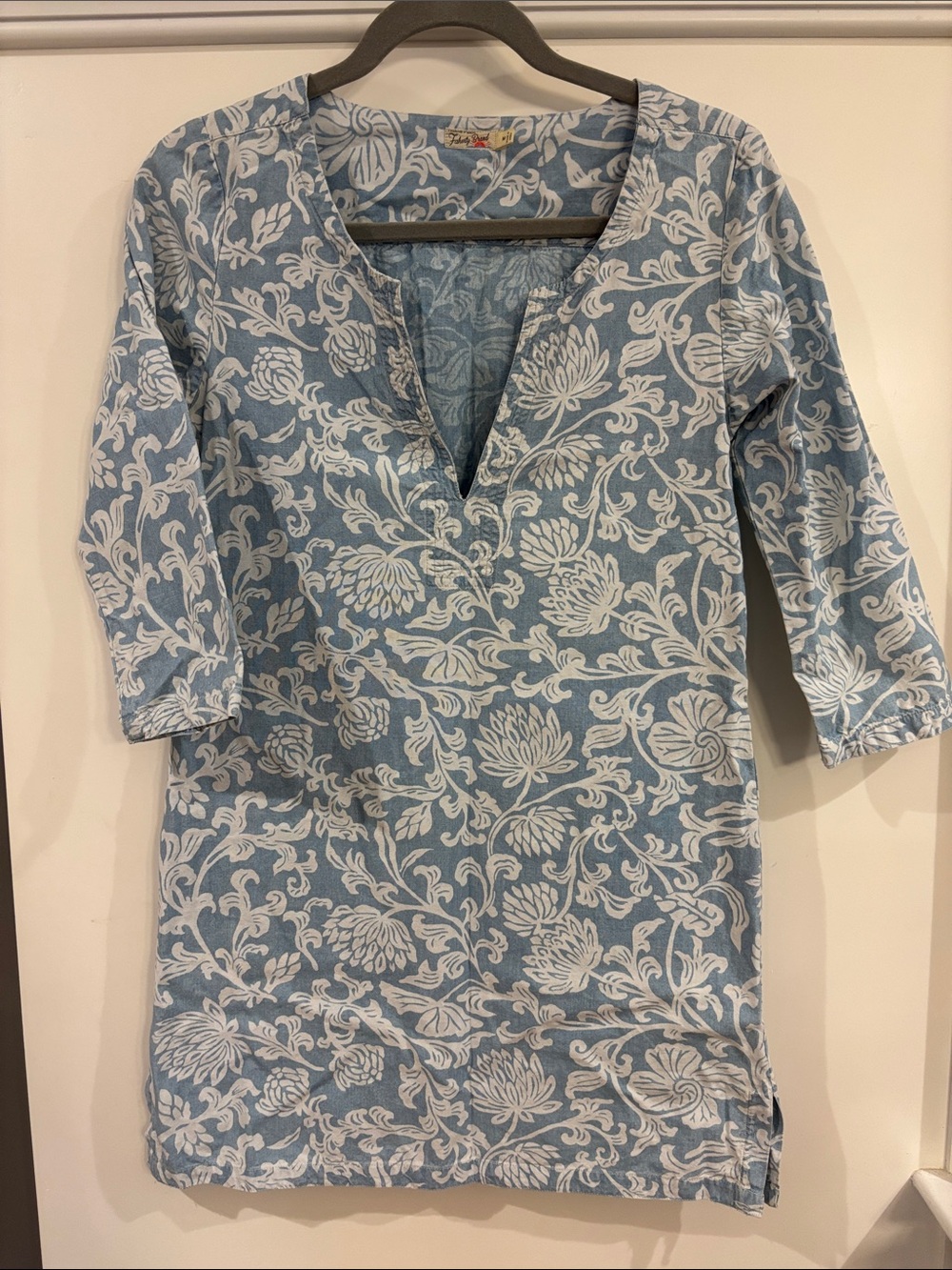 Faherty Blue White Floral Block Print Split V-Neck Cotton Tunic Dress M
